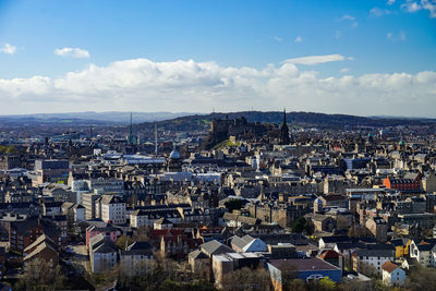 High angle shot of townscape against sky