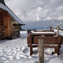 Built structure on frozen sea against sky