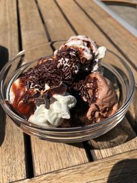 High angle view of ice cream in bowl on table