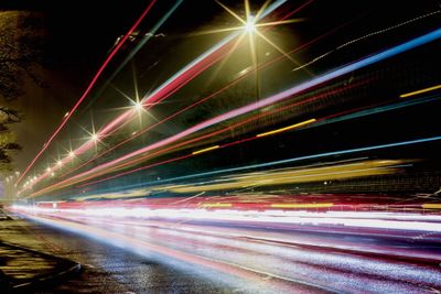 Light trails on road at night