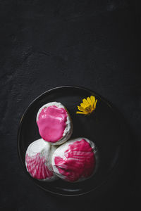 High angle view of dessert in plate on table