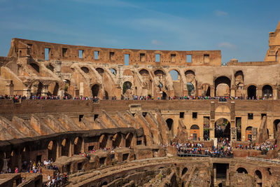 View of the seating areas and the hypogeum of the ancient colosseum in rome