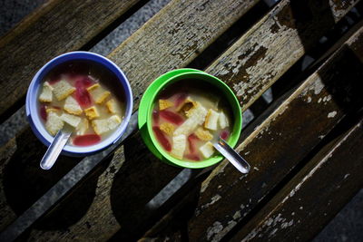 High angle view of fruits in bowl on table