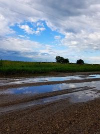 Reflection of sky in puddle