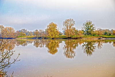 Reflection of trees in lake against sky