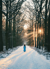 Rear view of man walking on snow covered landscape