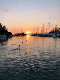 Sailboats in sea at sunset