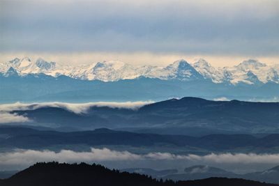 Scenic view of snowcapped mountains against sky