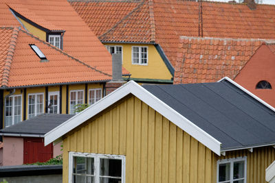 High angle view of rooftops in town