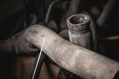 Rubber pipes and hoses leading from the car radiator to the engine, view of the engine from below