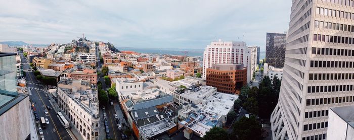 High angle view of buildings against sky