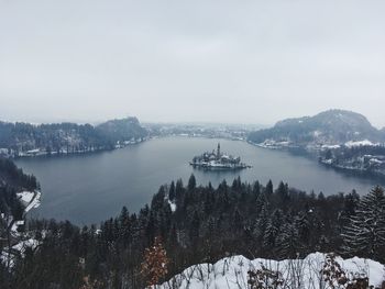 High angle view of lake bled during winter