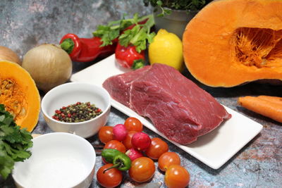 Close-up of fruits and vegetables on table