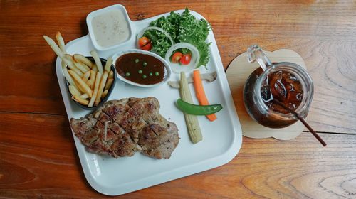 High angle view of breakfast served on table