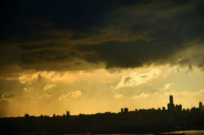 Silhouette of city at sunset