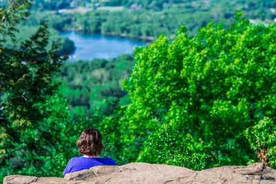 Rear view of woman sitting on tree looking at view