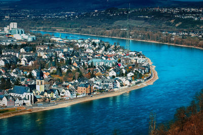 High angle view of town in sea