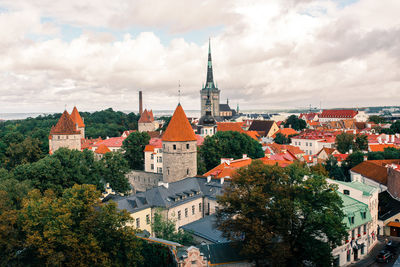 High angle view of townscape against sky in city