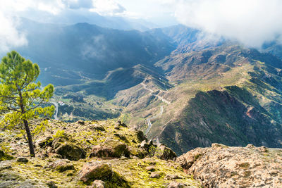 Landscape view from above of mountain range, valley and road at canary island