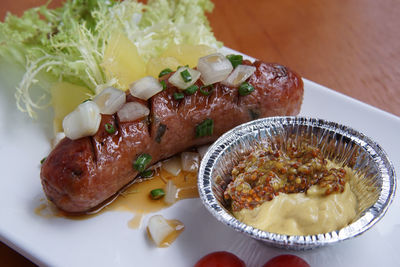 Close-up of food served in plate on table