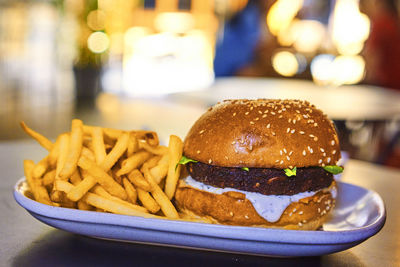 Close-up of burger on table