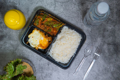 High angle view of breakfast on table