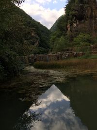 Scenic view of lake against cloudy sky