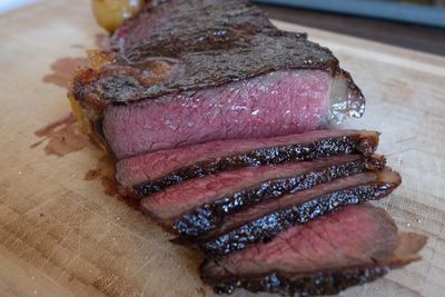 High angle view of meat in plate on table