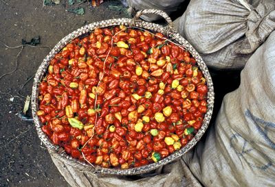 High angle view of fruits in container