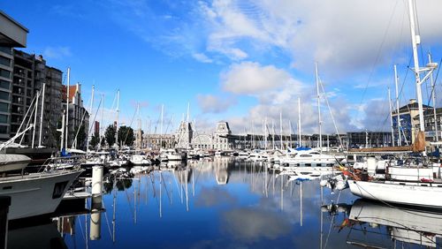 Panoramic view of harbor against cloudy sky