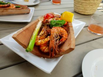 High angle view of food in plate on table