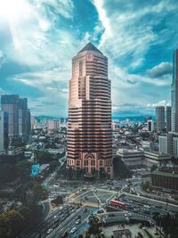High angle view of buildings against sky
