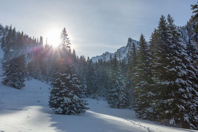 Panoramic view of snow covered mountains against sky