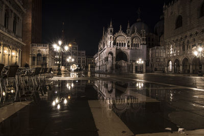 Reflection of illuminated buildings in water at night