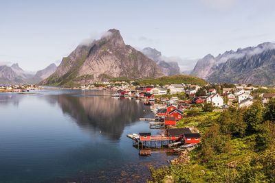 Scenic view of lake by buildings against sky