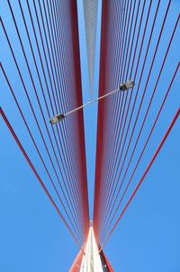 Low angle view of suspension bridge against clear blue sky