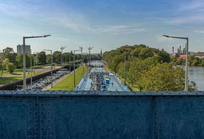 A cargo ship enters the griesheim lock, frankfurt, germany