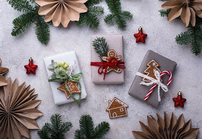 Directly above shot of christmas decorations on table