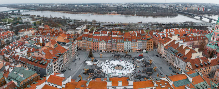 Aerial view of the christmas tree near castle square with column of sigismund