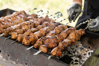 Close-up of meat on barbecue grill