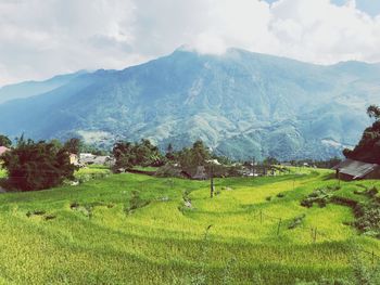 Scenic view of landscape and mountains against sky