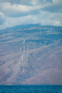 Modern windmills on the hawaiian island of maui generating clean energy