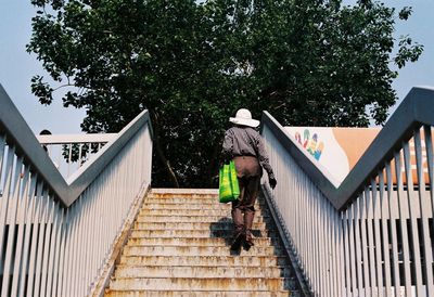 Full length rear view of man with shopping bag walking on steps against tree