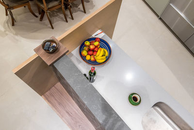 High angle view of balls in bowl on table