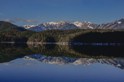 Scenic view of lake and mountains against blue sky