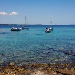 Sailboats sailing on sea against clear sky