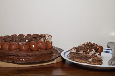 Close-up of cake served on table