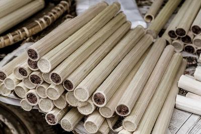 High angle view of stack of firewood