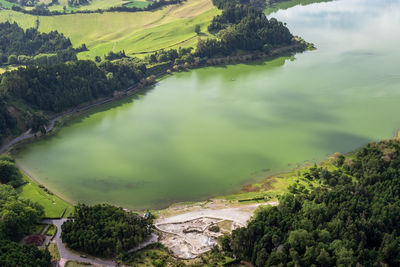 View of the lake furnas in volcanic crater on sao miguel island, azores, portugal 