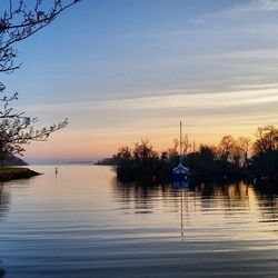 Reflection of trees in water at sunset